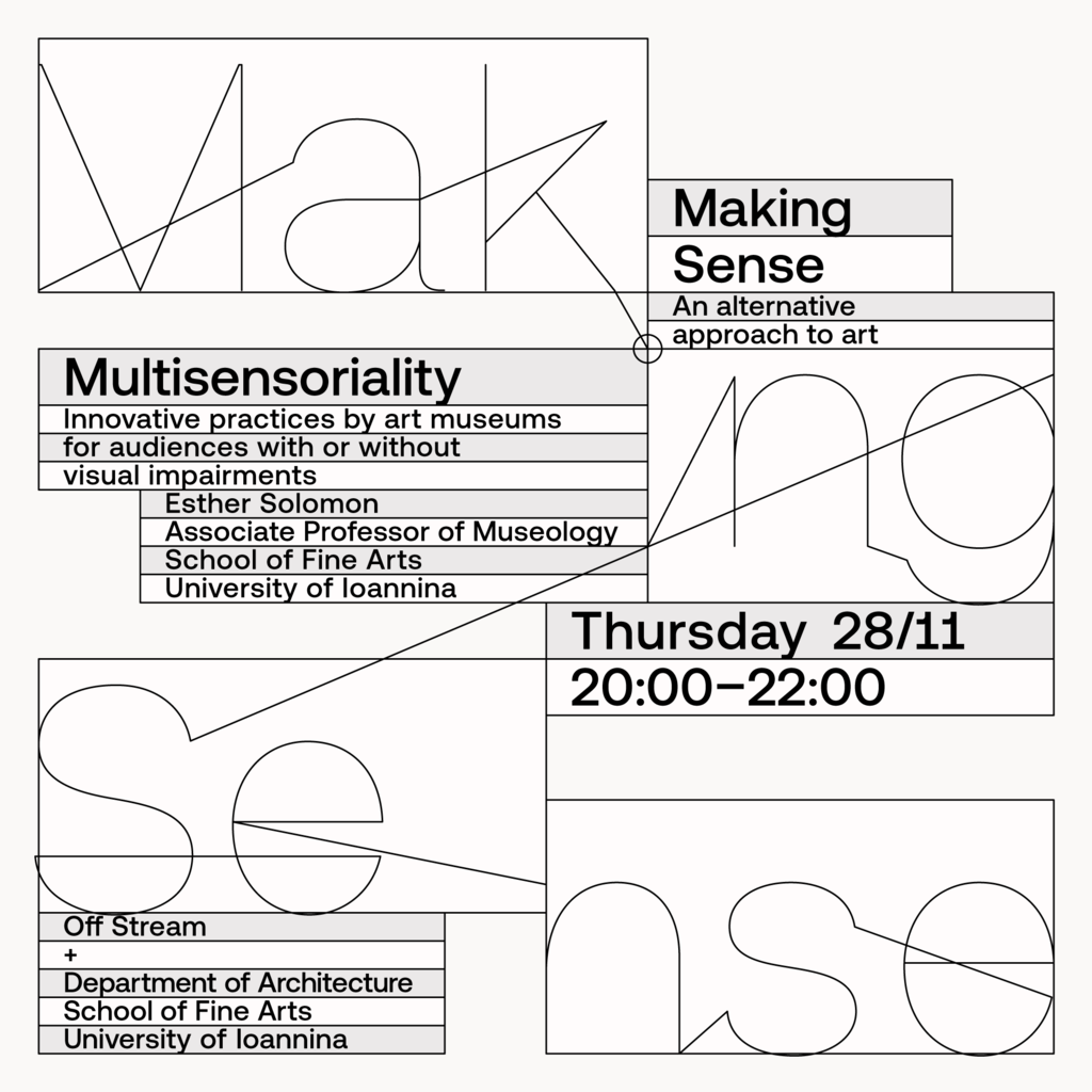 Presentation details for Esther Solomon, as part of Making Sense, on a white background with black fonts.