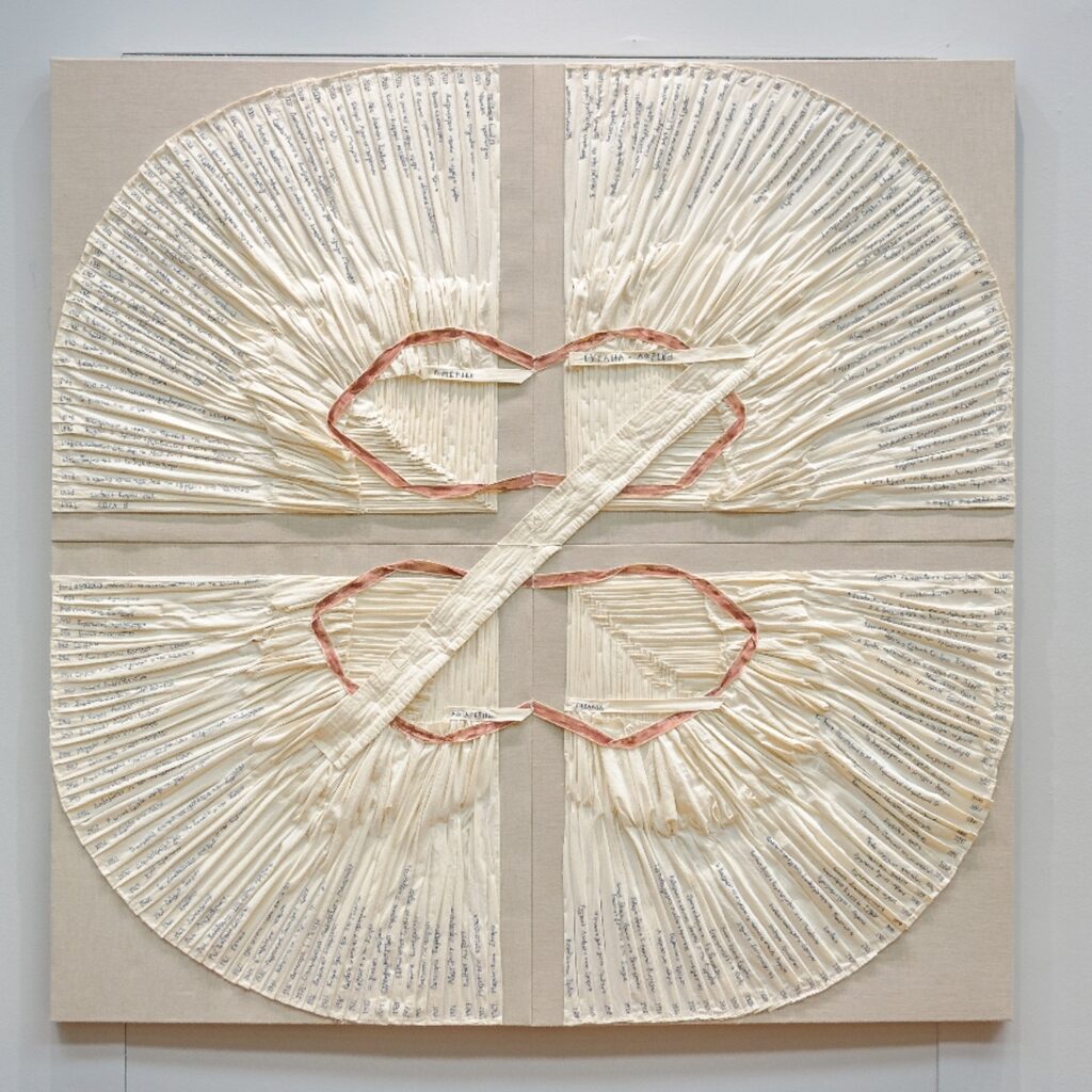 Textile composition with circular forms and handwritten texts