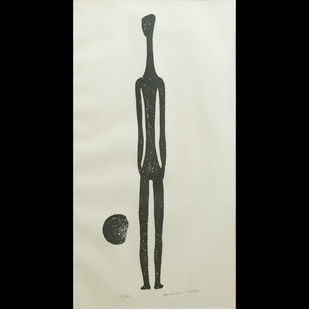 Minimal black elongated figure beside a sphere