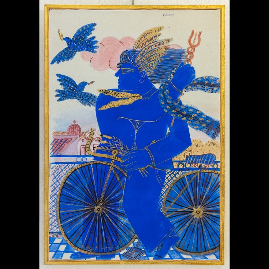 Painting of a blue winged figure beside a bicycle and birds