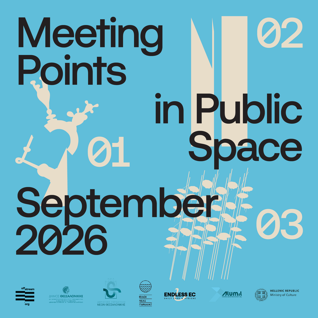 Project poster for Meeting Points in Public Space in black font and cream abstract designs on a light blue background, featuring partner logos on the bottom of the image.